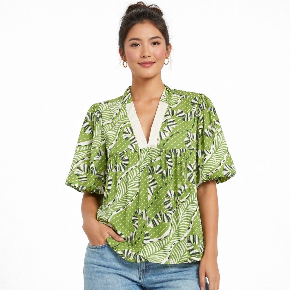 THML Women Palm Leaf Blouse Small Green Tropical Puff Sleeve Boho Resort Coastal